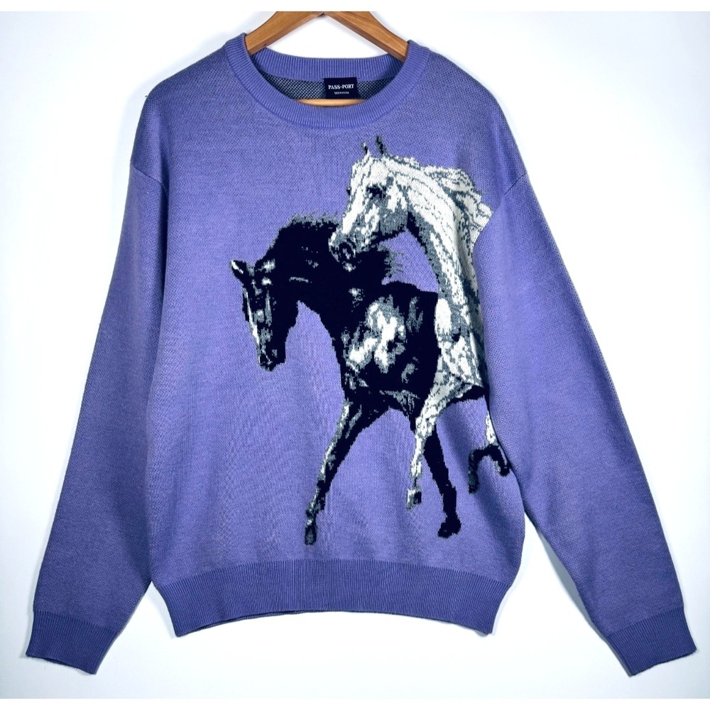 Pass Port Horse Graphic Knit Sweater Medium Purple Crewneck Skate Streetwear